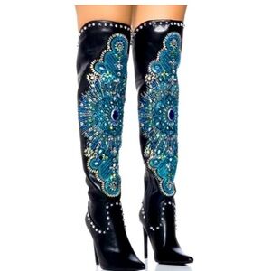 AZALEA WANG Black Leather Embellished Thigh High Boots